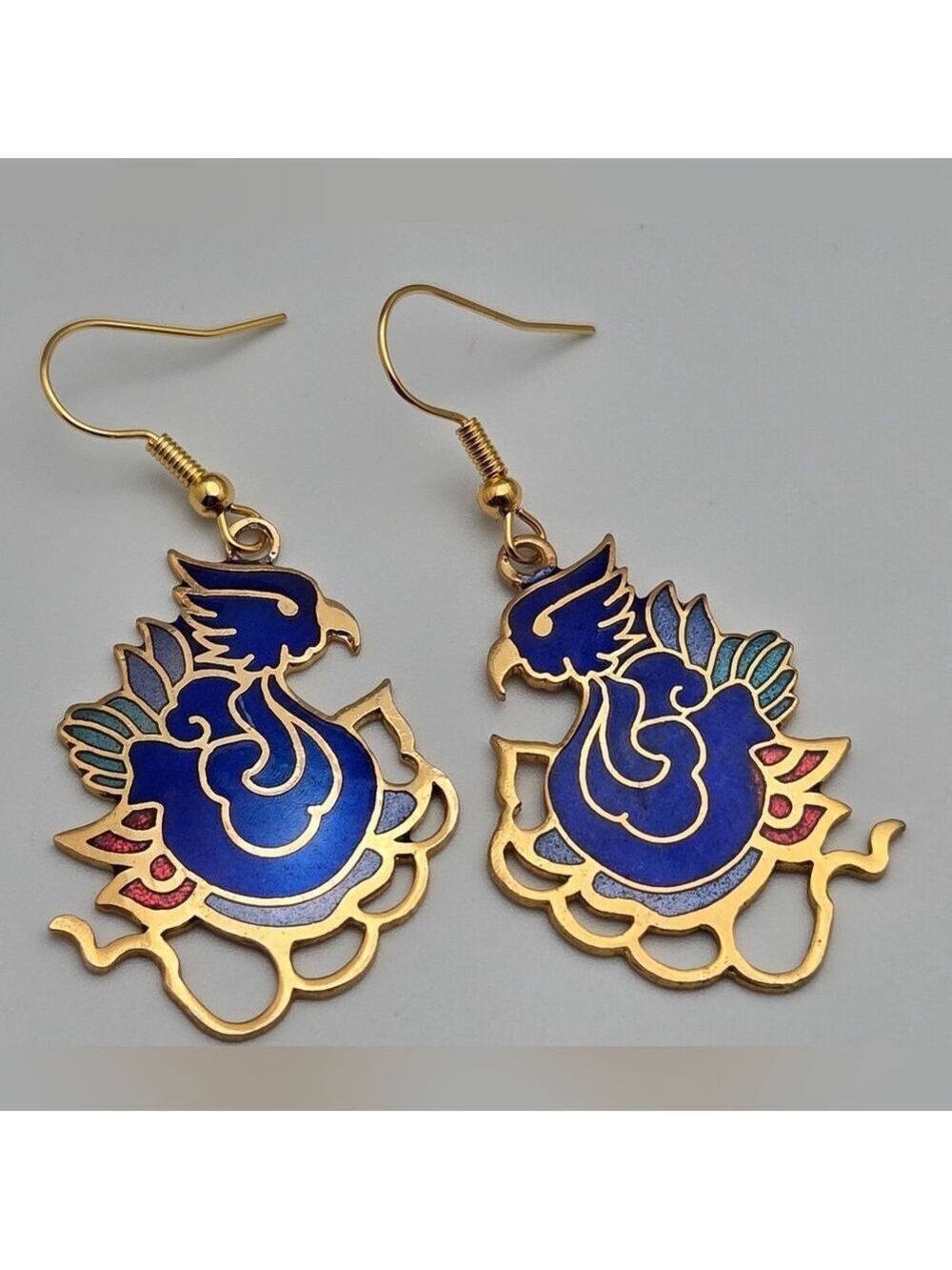 Phoenix Bird Earrings Cloisonné Blue Enamel Gold Tone 2” Vintage Collectible